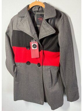 NWT Yoki Gray Black & Red Double-Breasted Wool Blend Pea Coat Medium Colorblock